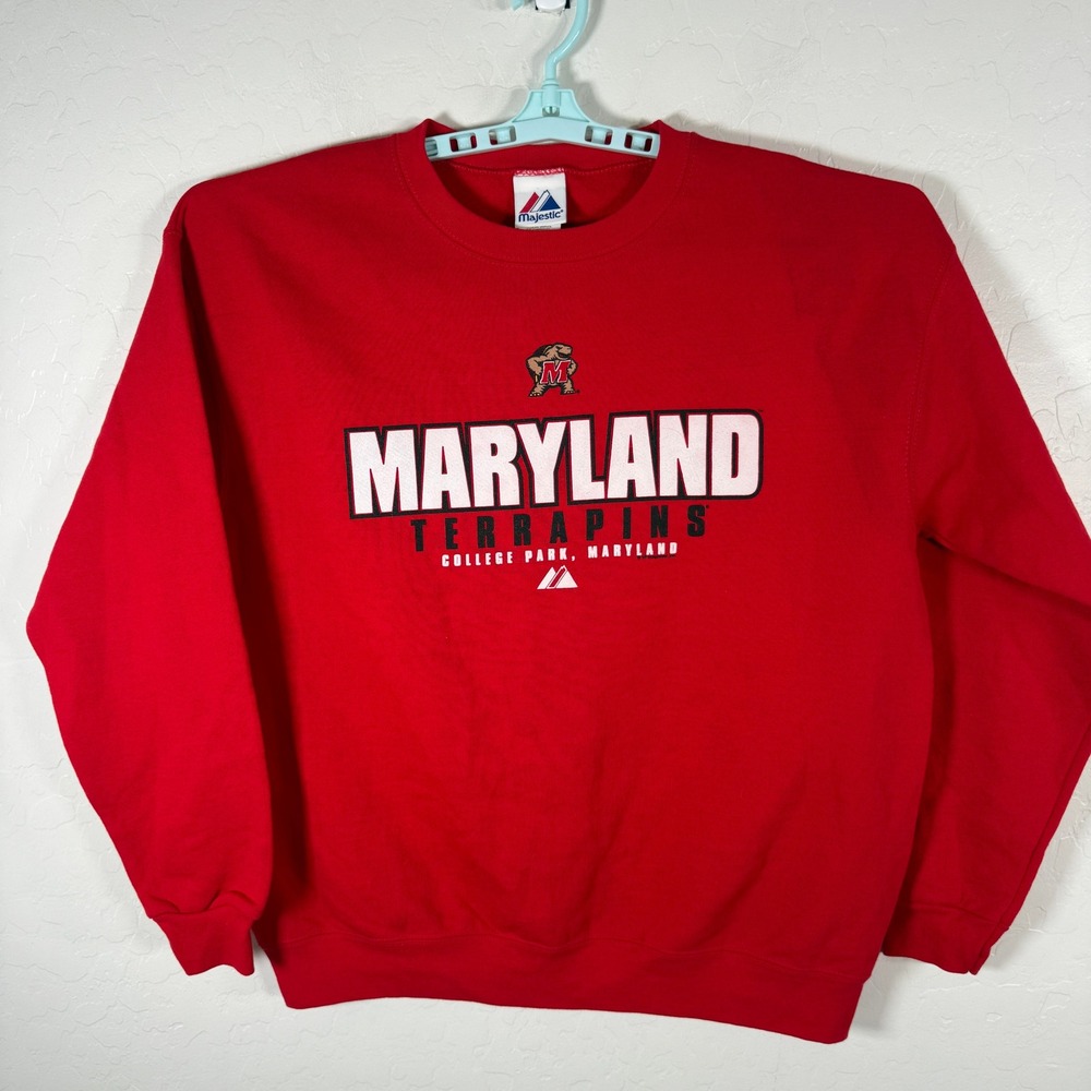 Majestic Maryland Terrapins Sweatshirt Mens Large Red Crewneck NCAA College Logo